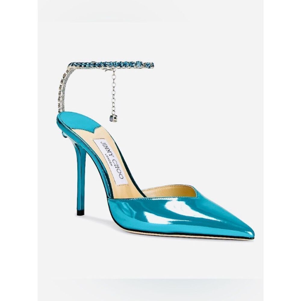 Jimmy Choo Saeda Crystal Ankle Strap Stilettos in Malibu Mix Authentic